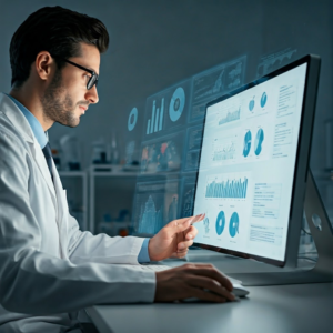 Researcher analyzing drug discovery data.