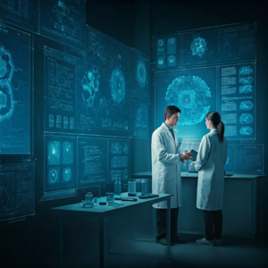 Scientists collaborating with AI in a lab.