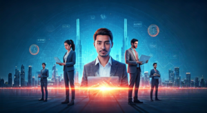 Diverse people engaging online in a city