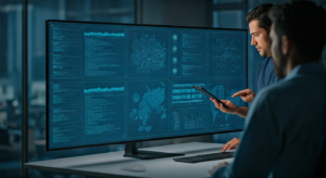 Team of data scientists analyzing algorithms together