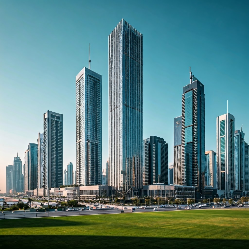 Futuristic Dubai skyline with smart buildings