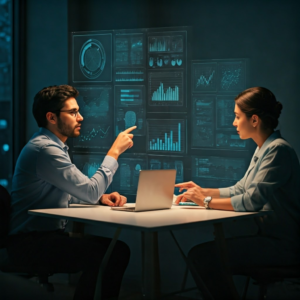 Professionals analyzing AI data in office