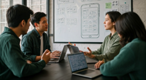 Developers collaborating on a mobile app